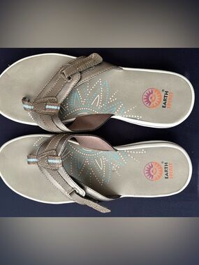 Earth Spirit Taupe Flip Flops with Teal and White Accents